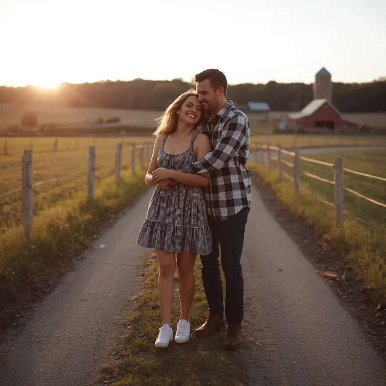 A Confident Couple Embracing on a Rustic Farm Pathway | Romantic couple AI prompts