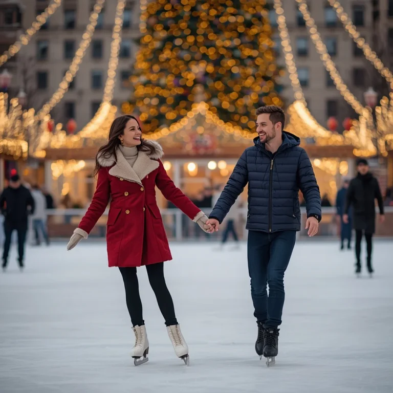 A romantic couple ice skating in a festive plaza | Romantic Prompt
