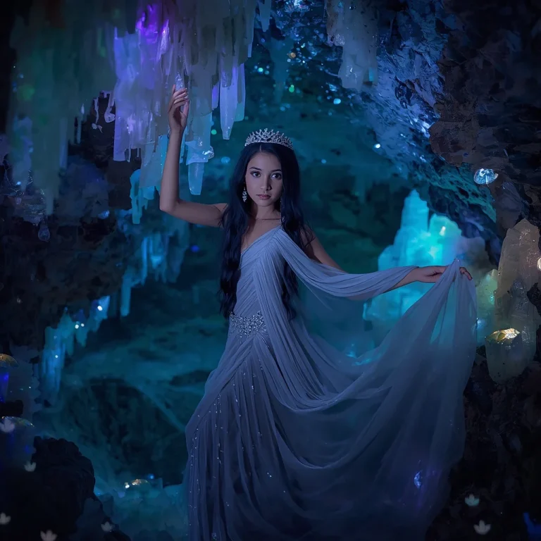 Beautiful Girl’s Elegant Pose in a Crystal Cave with Bioluminescence | Free Prompt Text