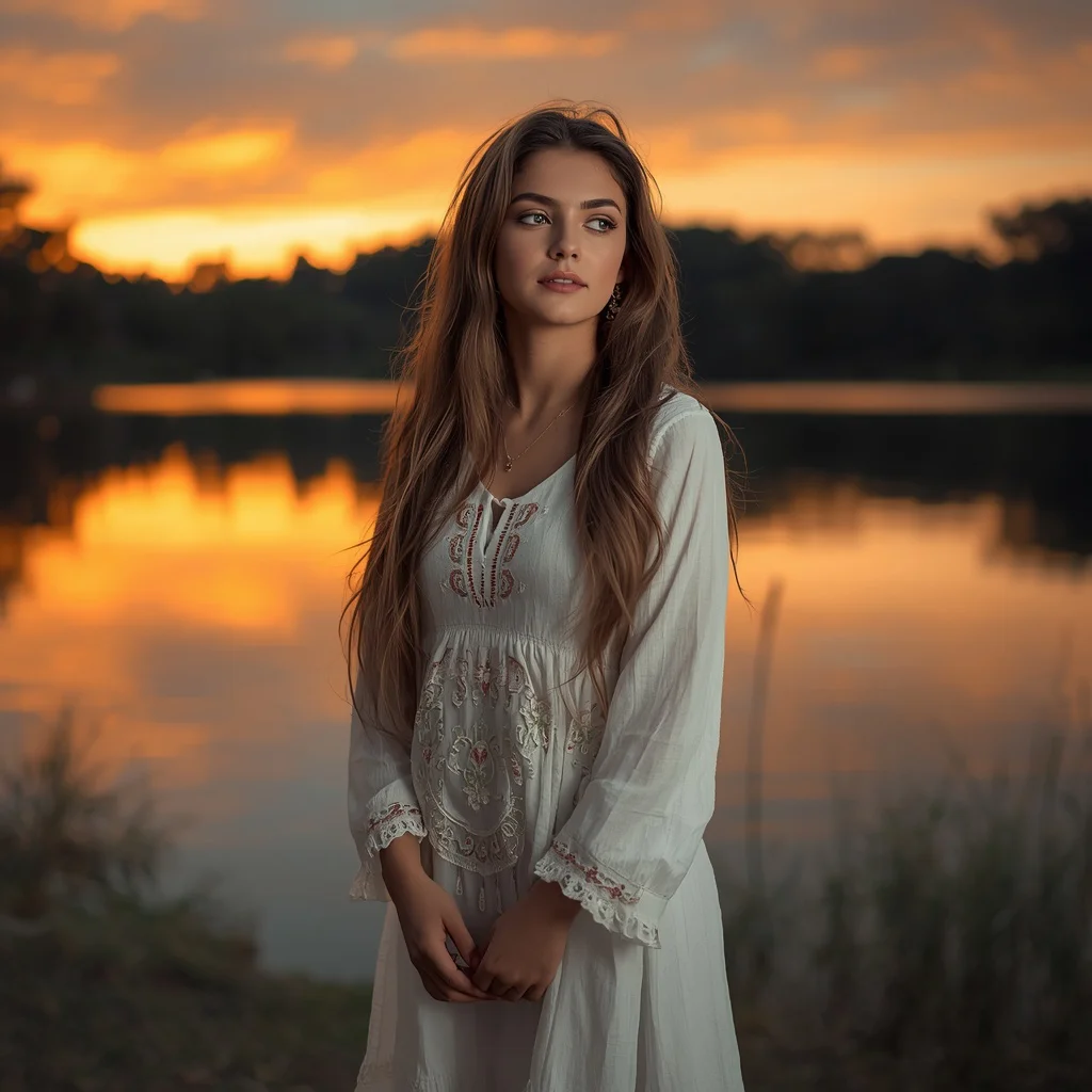 Beautiful Girl’s Serene Reflection by a Lake at Sunset | Girl Captured Serene