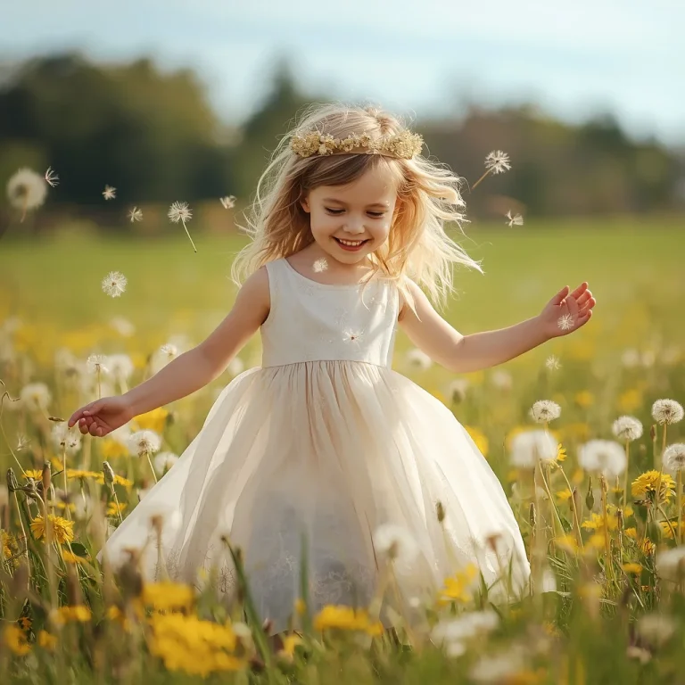 Cute Girl’s Joyful Dance in a Field of Sparkling Dandelions | Image Generation Prompt