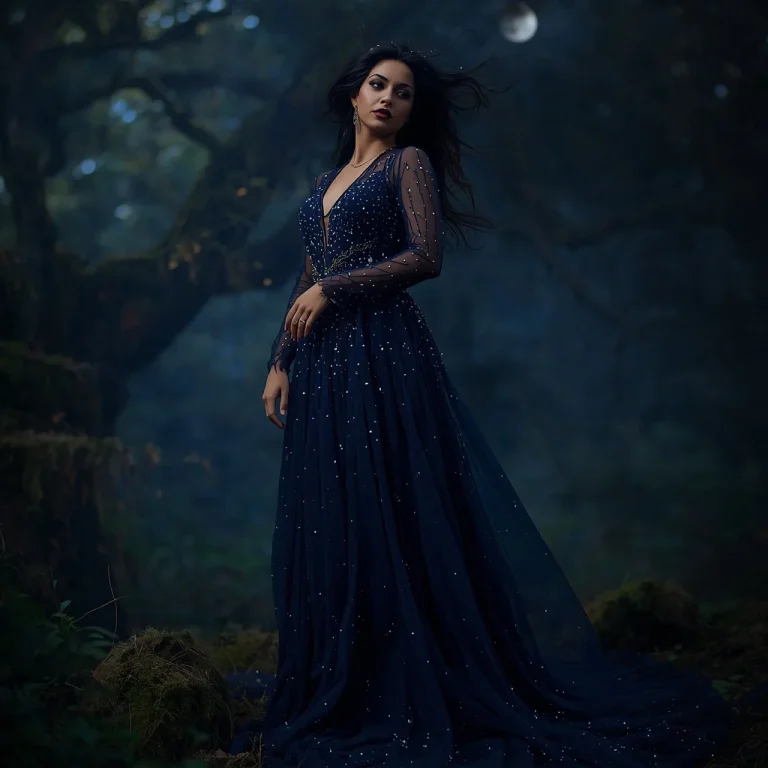 Enchanting Dark Blue Mesh Gown for a Mystical Night Photoshoot | Lighting Ai Prompt