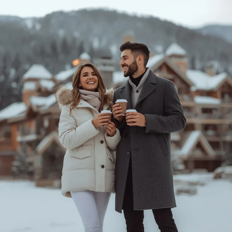 Romantic Couple in Snowy Mountain Resort | Romantic hot couple AI prompts