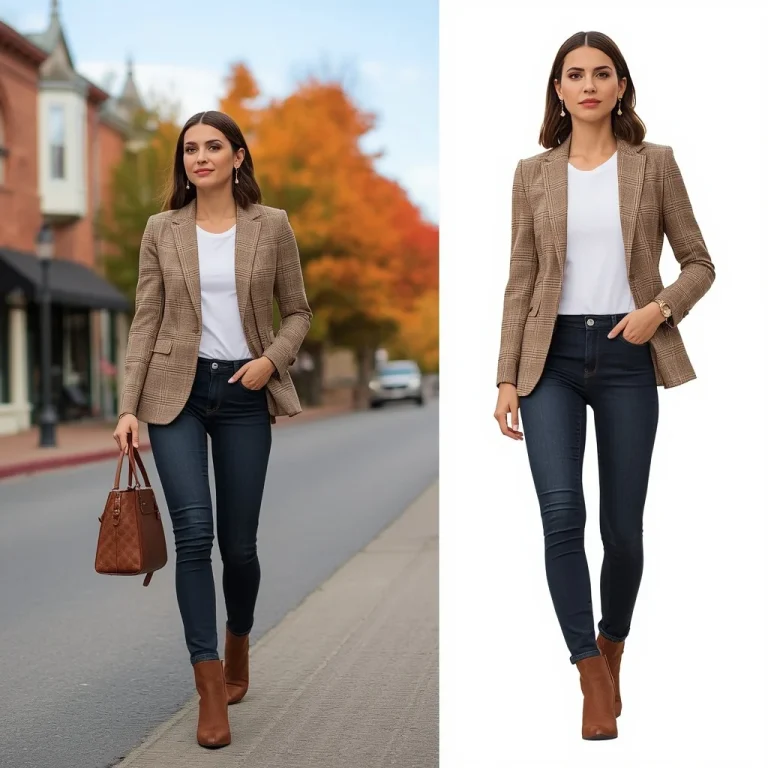 Sophisticated Plaid Blazer and Jeans for an Autumn Outing | viral ai image prompt