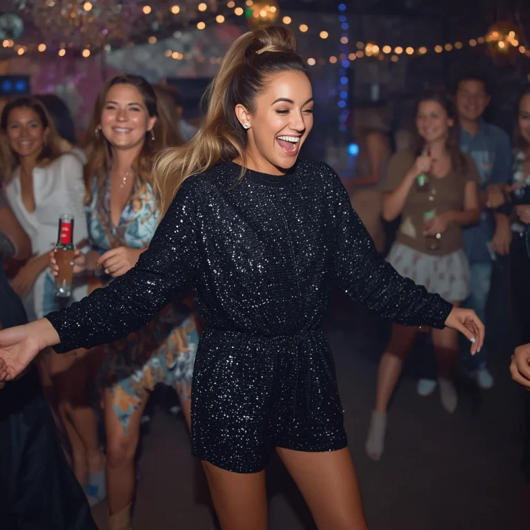 Sparkling Sequin Romper for a Fun and Festive Party Night | fitness model ai prompt