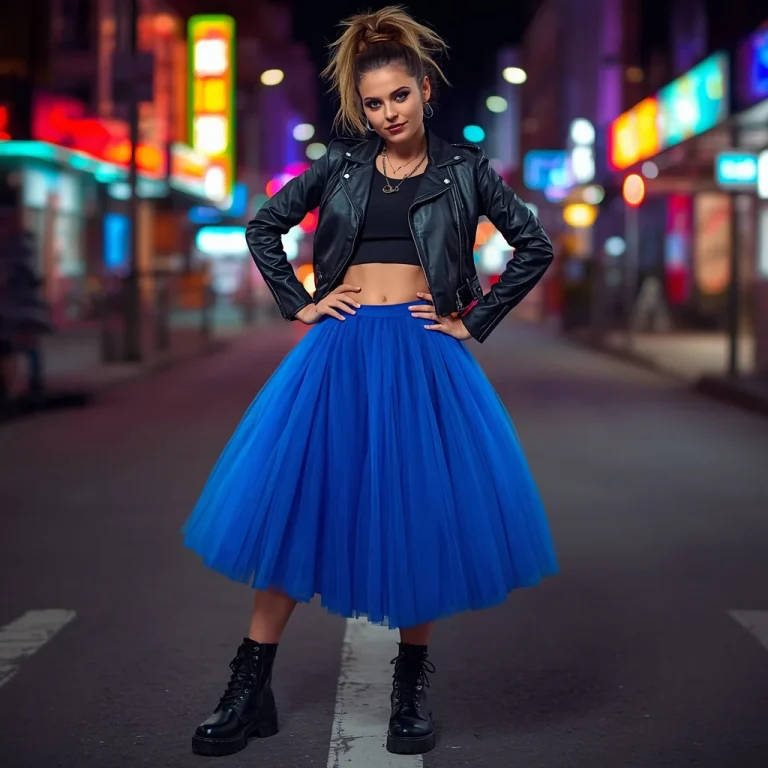 Vibrant Tulle Skirt and Leather Jacket for an Edgy Night Out | travel ai prompt